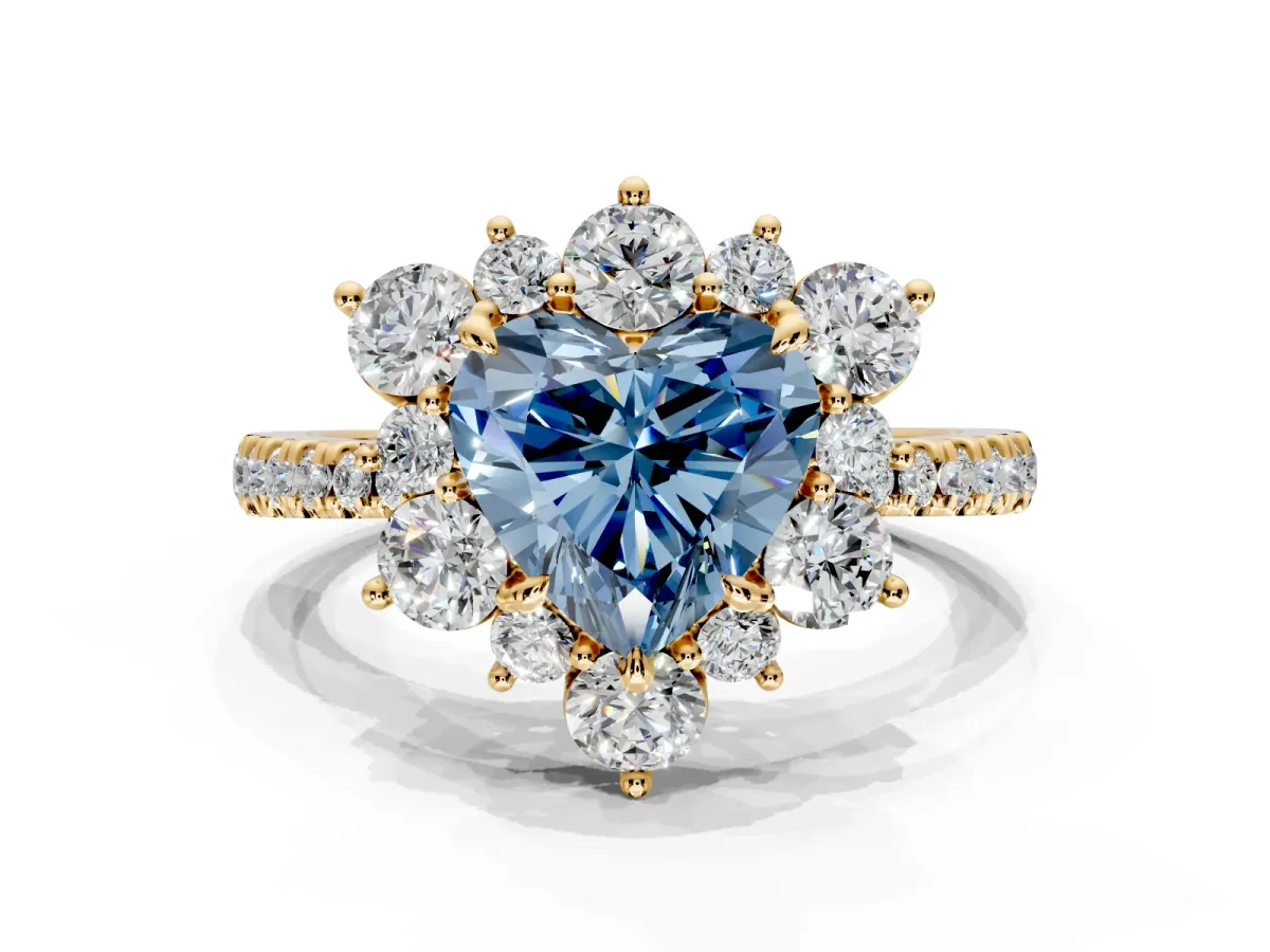 Floral Halo Engagement Ring Setting for Fancy Blue Heart-Shaped Center with Pave Accents and Prong Head in Yellow Gold