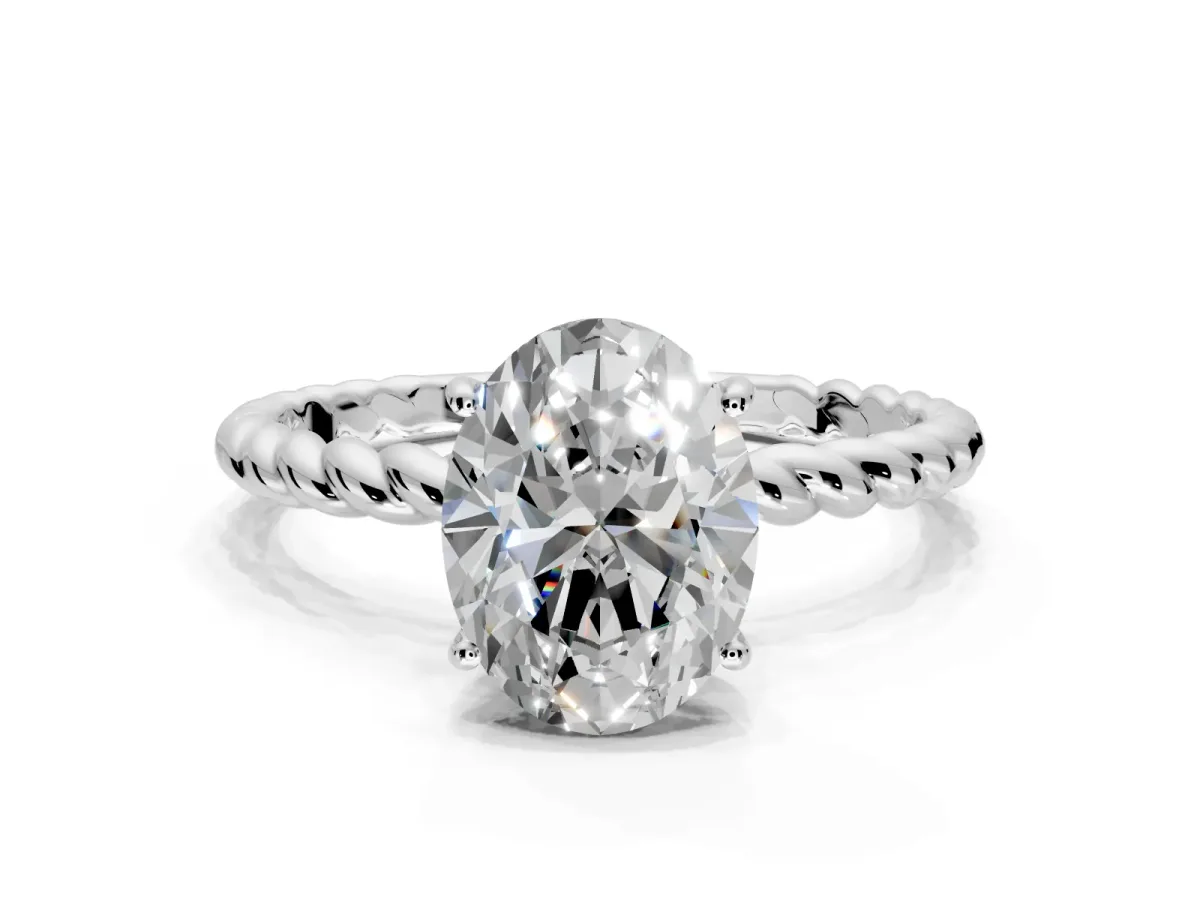 Solitaire Engagement Ring Setting for Oval Center with Plain Twisted Rope Band and Prong Head in Sterling Silver