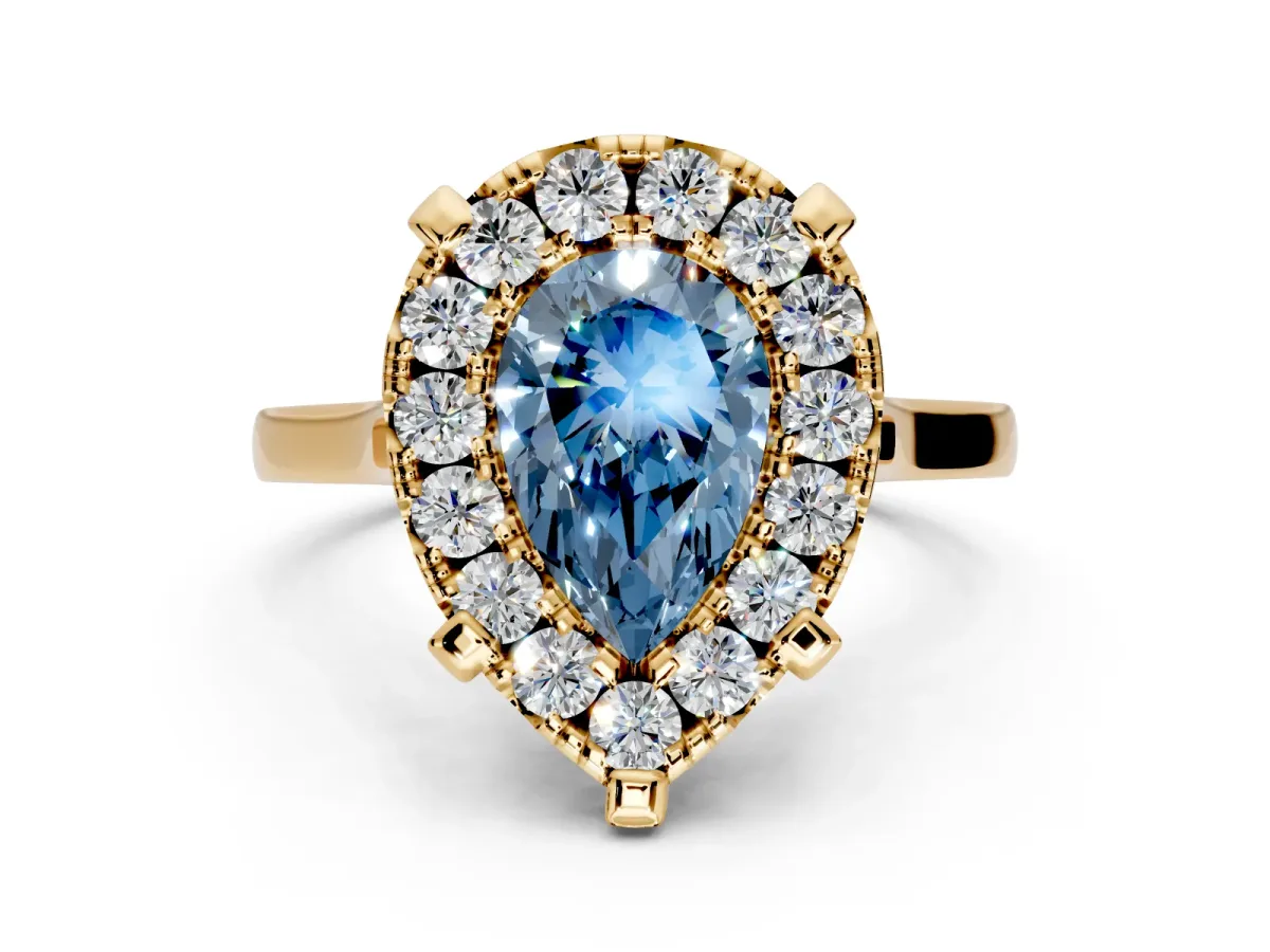 Single Halo Engagement Ring Setting for Fancy Blue Pear-Shaped Center with Corner Claws, Plain Band and Prong Head in Yellow Gold