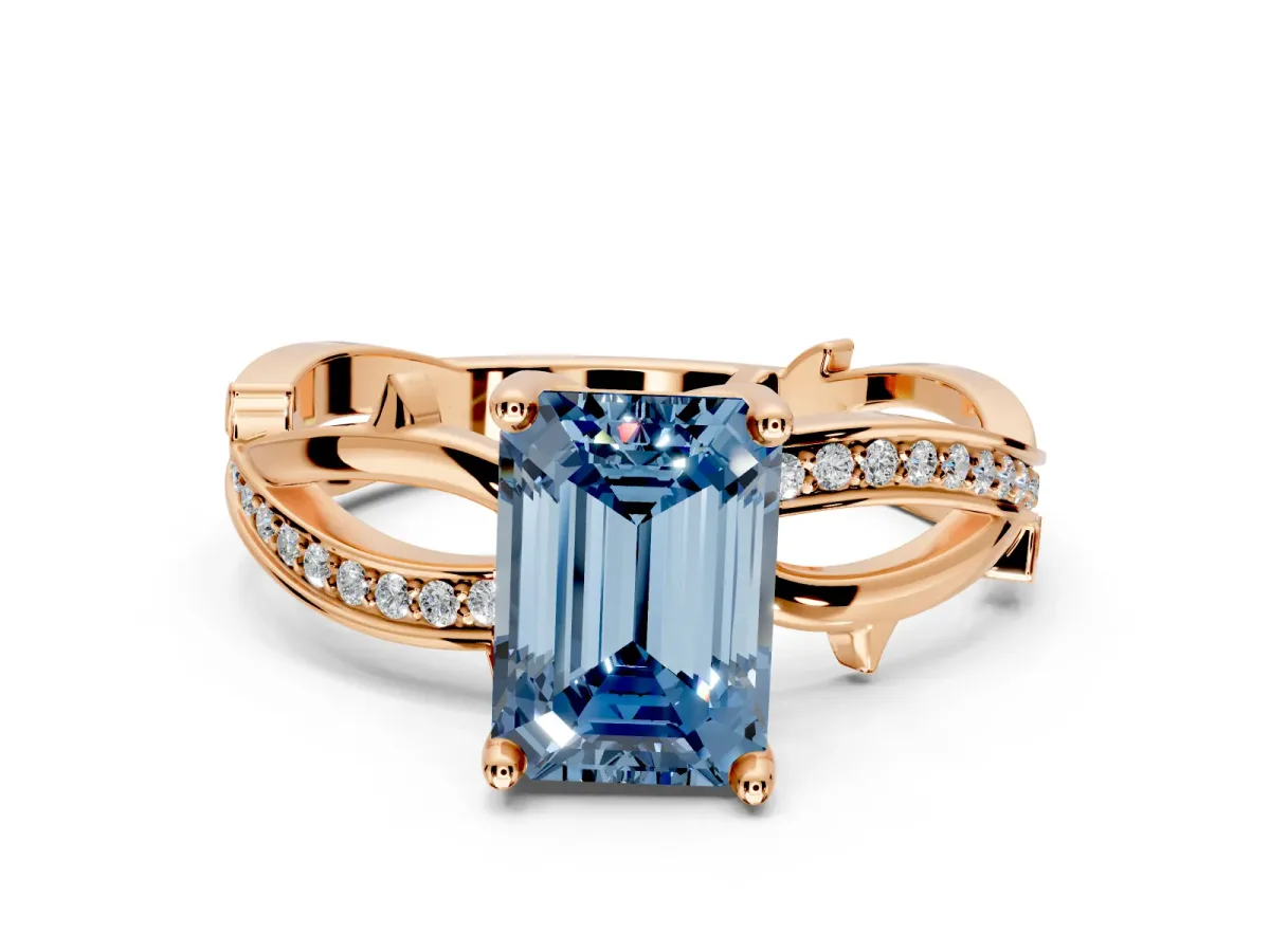 Solitaire Engagement Ring Setting for Fancy Blue Emerald Cut Center with Pave and Plain Crossover Band and Prong Head in Rose Gold
