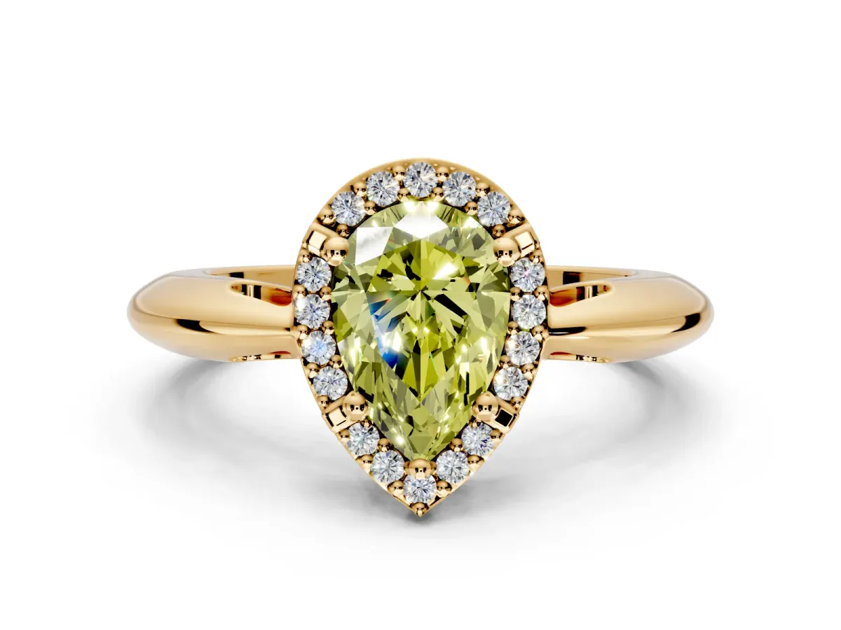 Halo Engagement Ring Setting for Fancy Yellow Pear-Shaped Center with Tapered Plain Band and Prong Head in Yellow Gold