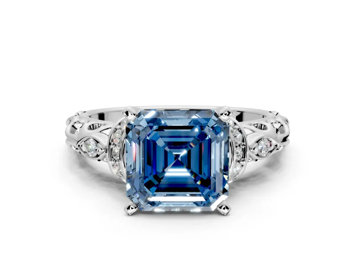 Solitaire Engagement Ring Setting for Fancy Blue Asscher Cut Center with Filigree Band and Prong Head in Platinum