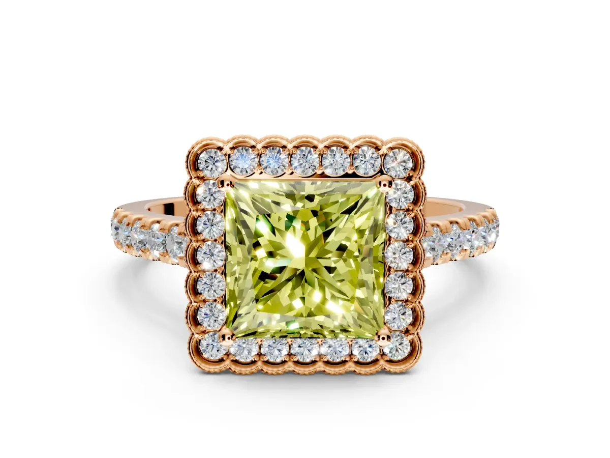 Milgrain Floral Halo Engagement Ring Setting for Fancy Yellow Princess Cut Center with Pave Band and Prong Head in Rose Gold
