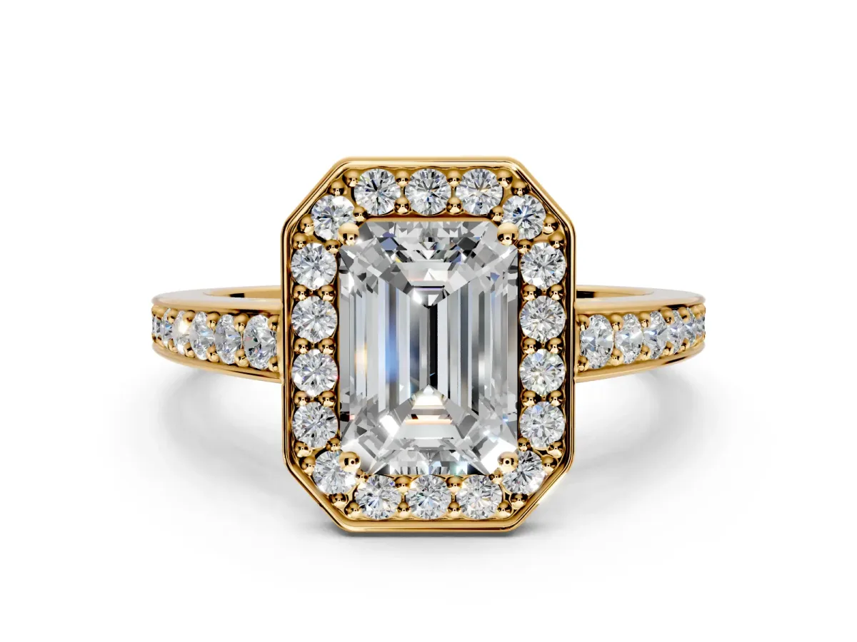Bezel-Framed Halo Engagement Ring Setting for Emerald Cut Center with Pave Band and Prong Head in Yellow Gold