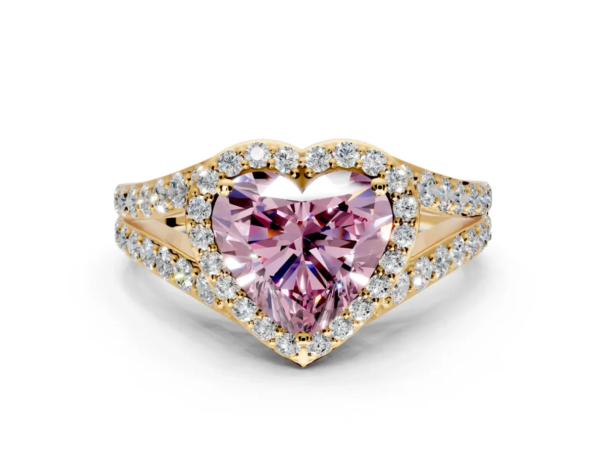 Halo Engagement Ring Setting for Fancy Pink Heart-Shaped Center with Narrow Pave Split Shank and Prong Head in Yellow Gold