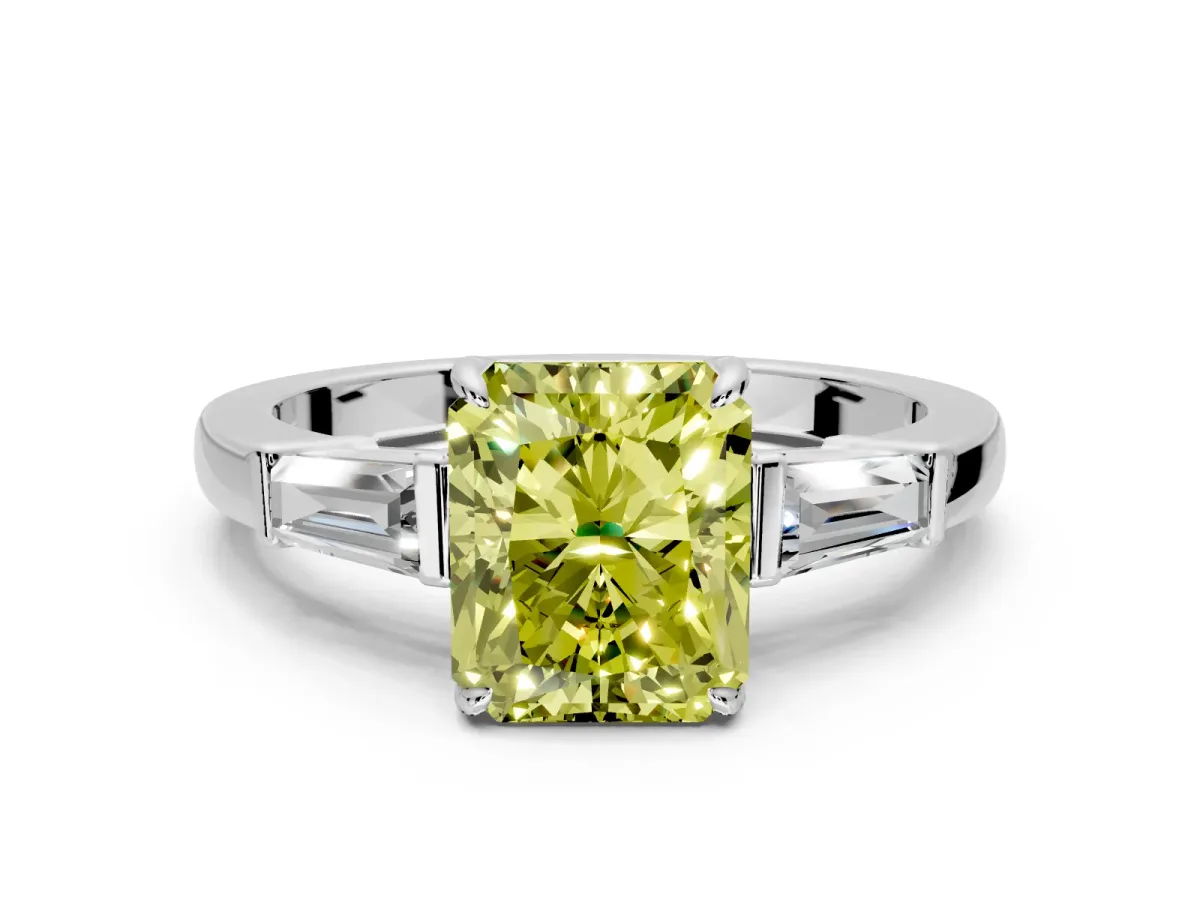3 Stone Engagement Ring Setting for Fancy Yellow Radiant Cut Center with Baguette Accents and Prong Head in White Gold