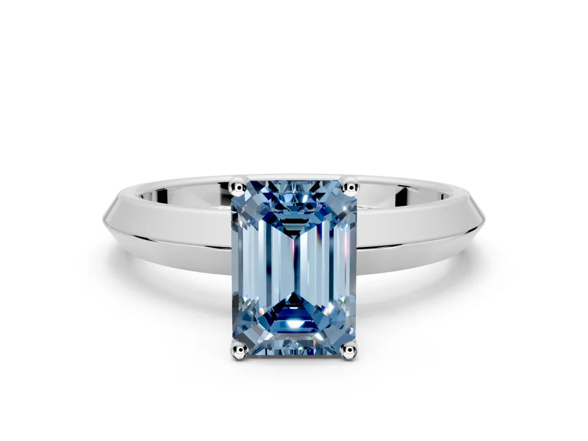 Solitaire Engagement Ring Setting for Fancy Blue Emerald Cut Center with Wide Knife Ridge Band and Prong Head in Platinum