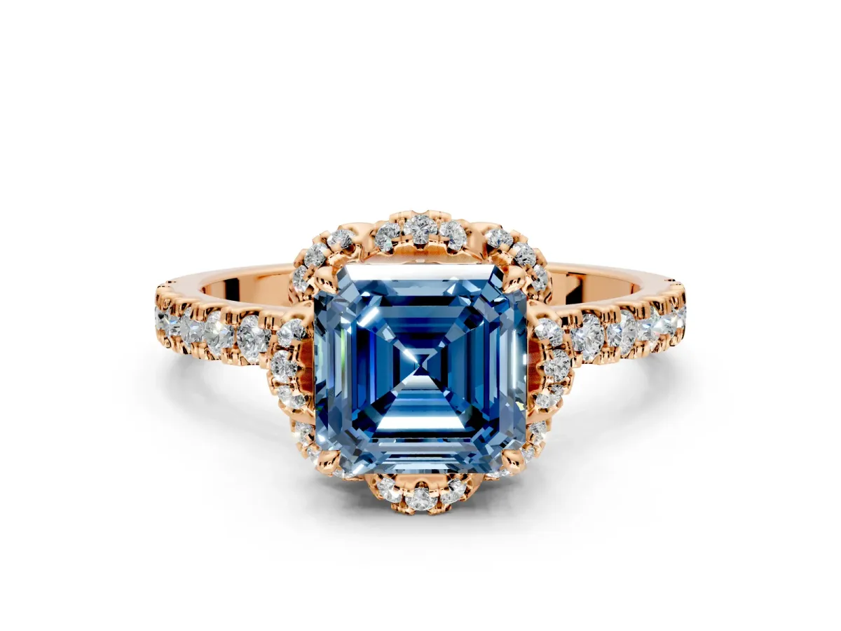 Floral Halo Engagement Ring Setting for Fancy Blue Asscher Cut Center with Pave Band and Prong Head in Rose Gold