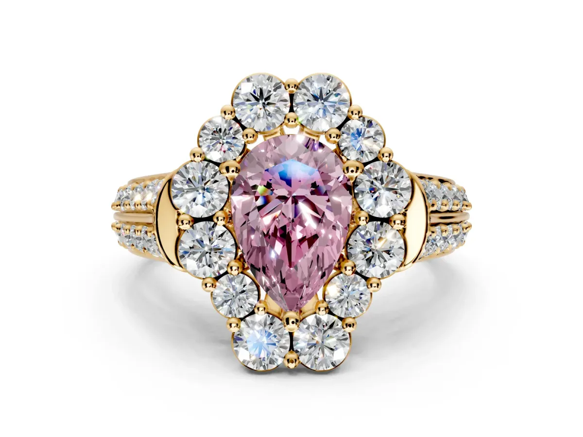 Large Accent Halo Engagement Ring Setting for Fancy Pink Pear-Shaped Center with Pave Split Shank and Prong Head in Yellow Gold