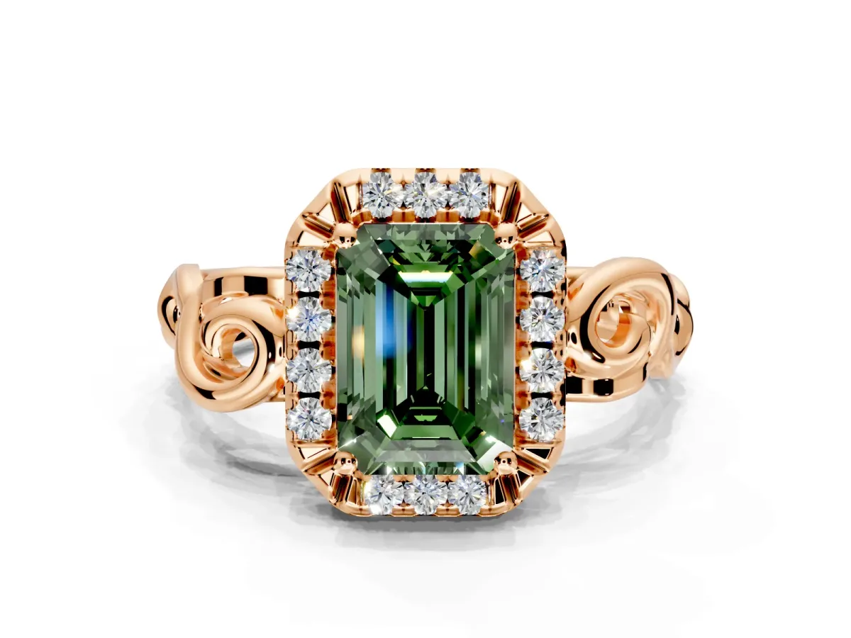 Halo Engagement Ring Setting for Fancy Green Emerald Cut Center with Open Scroll Shoulders and Prong Head in Rose Gold