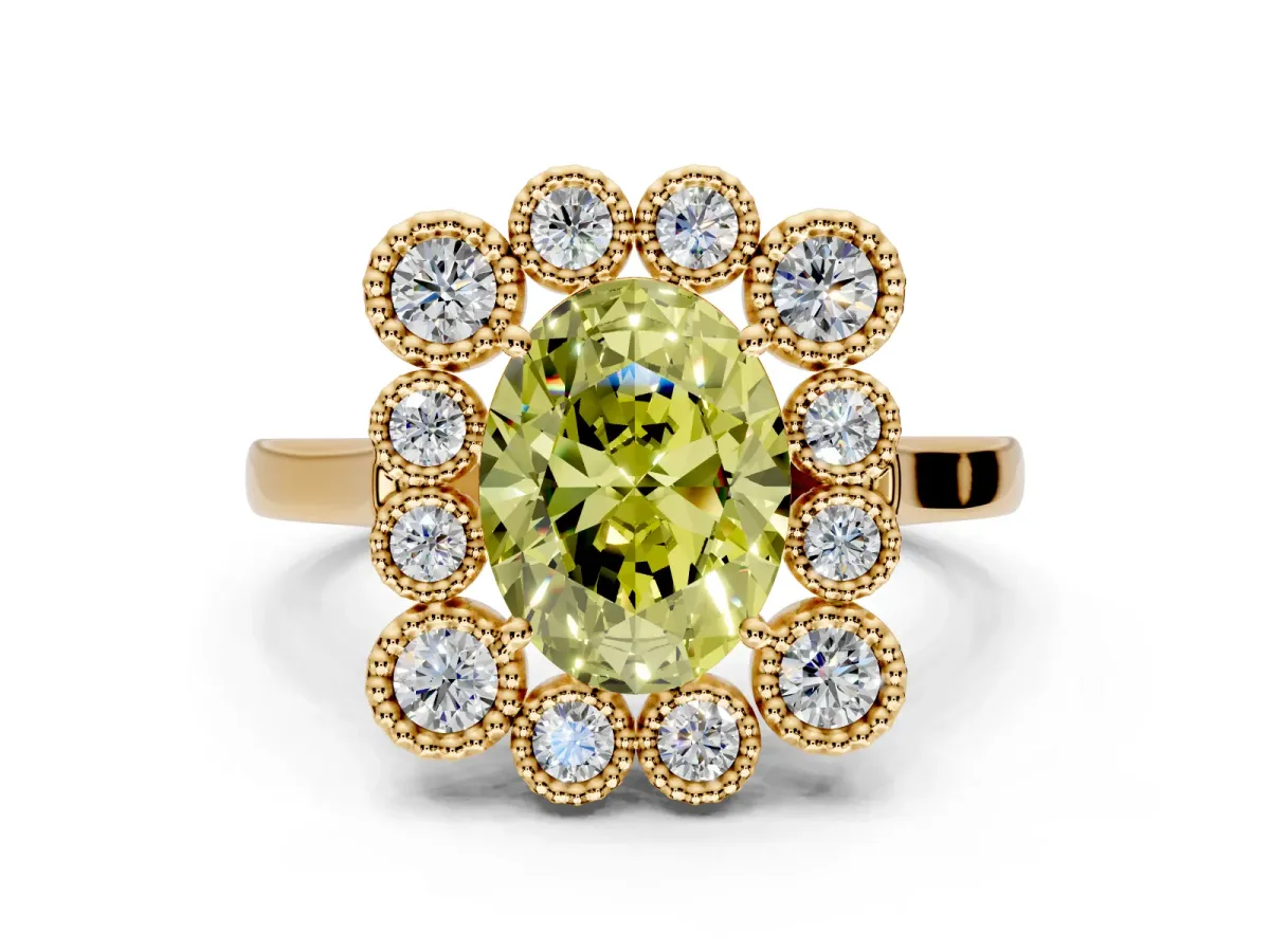 Cluster Halo Engagement Ring Setting for Fancy Yellow Oval Center with Milgrain Bezel Accents and Prong Head in Yellow Gold