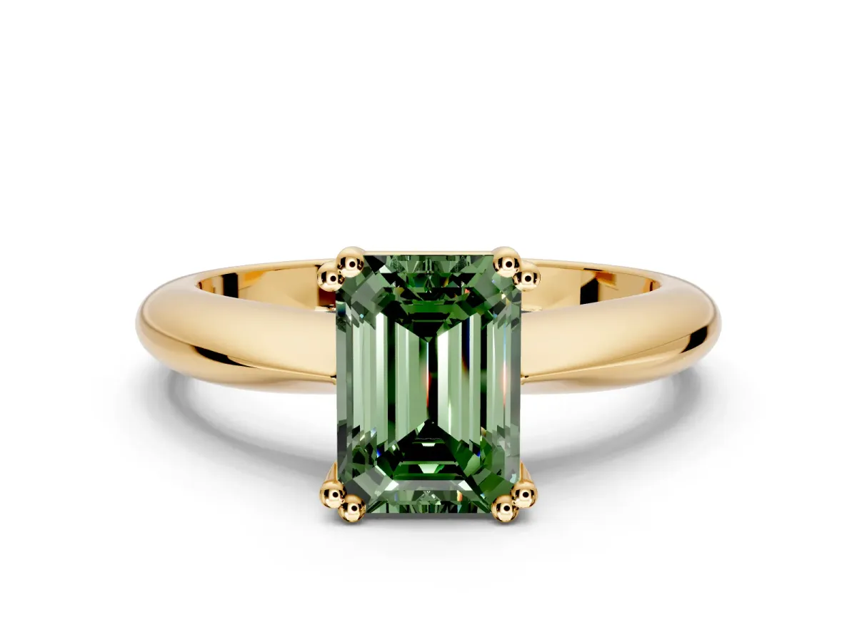 Solitaire Engagement Ring Setting for Fancy Green Emerald Cut Center with Reverse Tapered Band and Prong Head in Yellow Gold