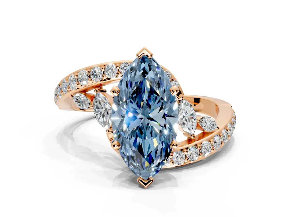 Solitaire Engagement Ring Setting for Fancy Blue Marquise Center with Pave Bypass Twist Band and Prong Head in Rose Gold
