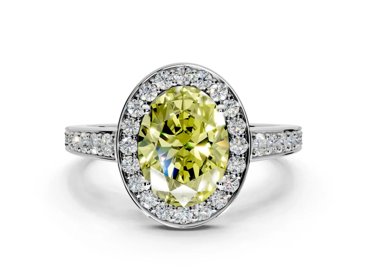 Bezel-Framed Halo Engagement Ring Setting for Fancy Yellow Oval Center with Pave Band and Prong Head in Platinum