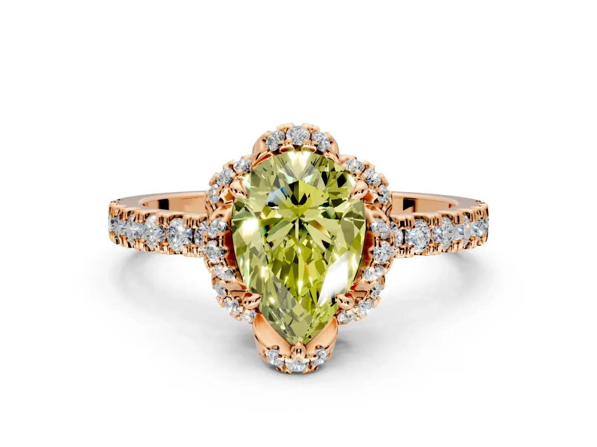 Halo Engagement Ring Setting for Fancy Yellow Pear-Shaped Center with Openwork Halo, Pave Band and Prong Head in Rose Gold