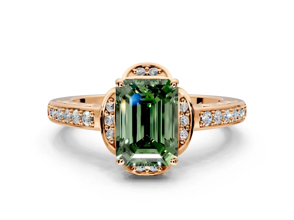 Floral Engagement Ring Setting for Fancy Green Emerald Cut Center with Four Accent Clusters and Prong Head in Rose Gold