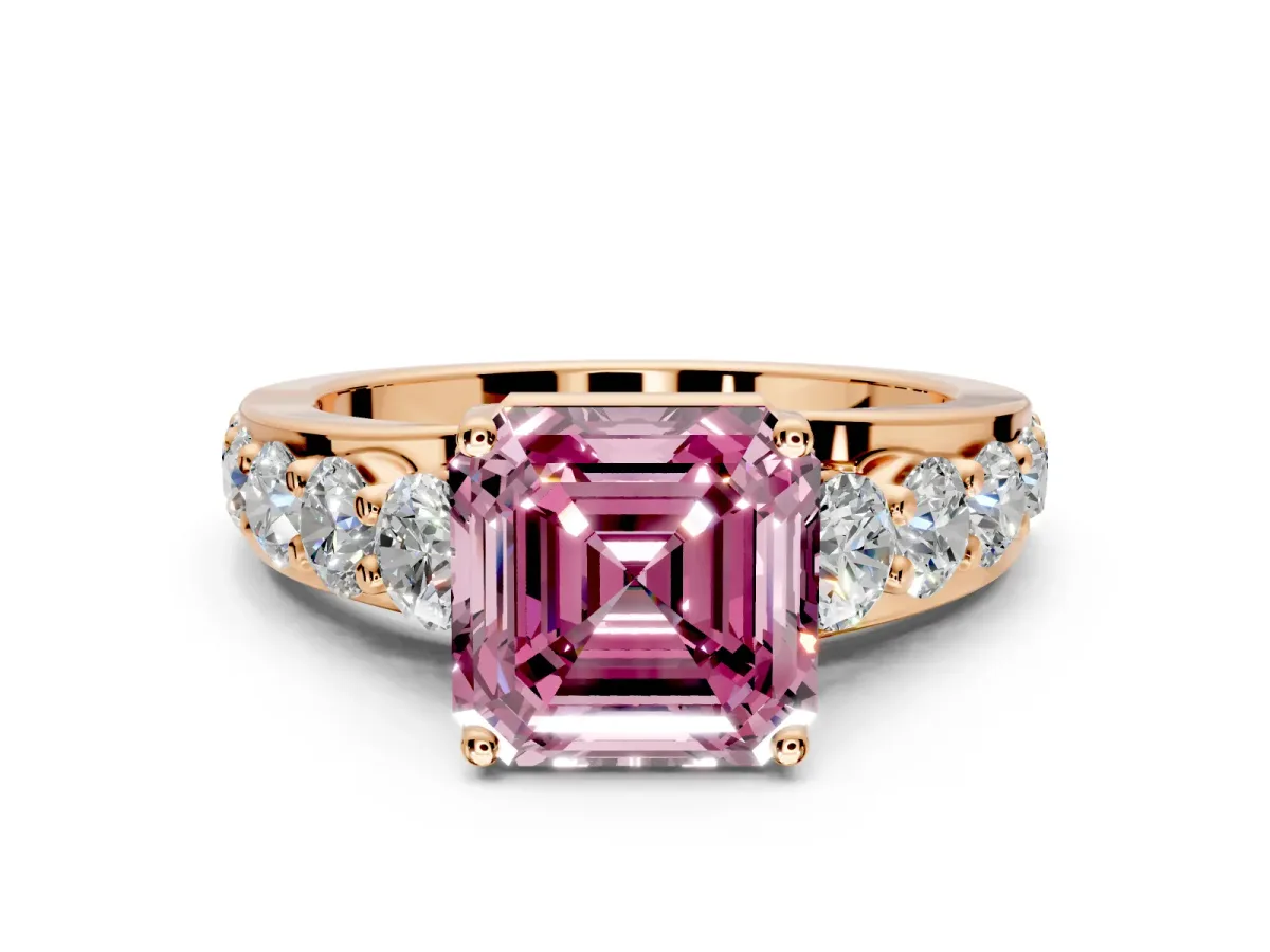 Solitaire Engagement Ring Setting for Fancy Pink Asscher Cut Center with Graduated Shared Prongs and Prong Head in Rose Gold