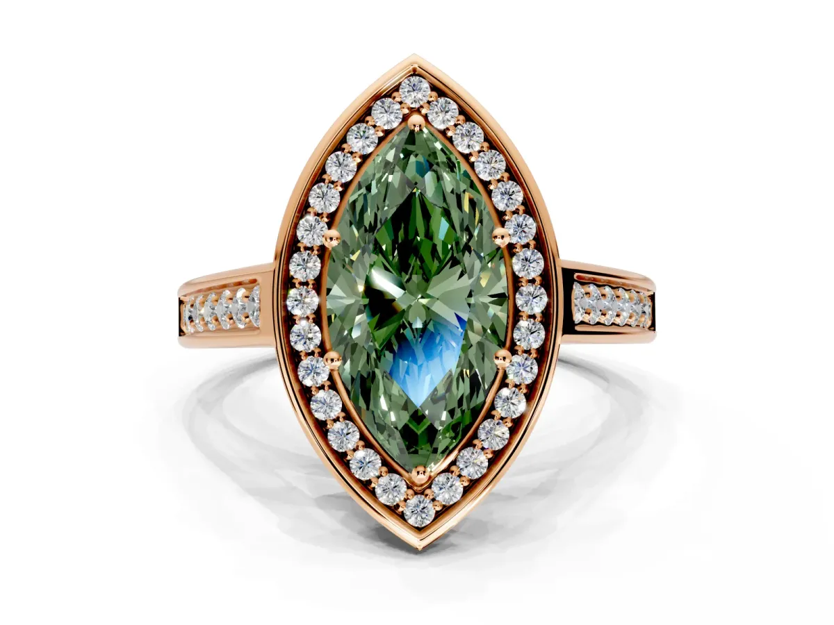 Halo Engagement Ring Setting for Fancy Green Marquise Center with Outer Bezel Rim, Pave Band and Prong Head in Rose Gold