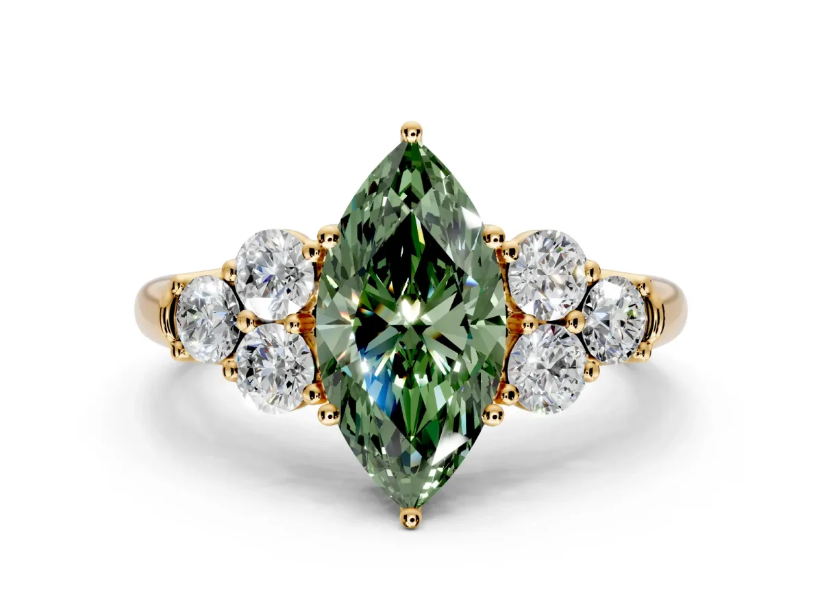 Cluster Engagement Ring Setting for Fancy Green Marquise Center with Round Cut Accent Frame and Prong Head in Yellow Gold