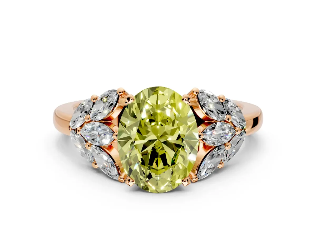 Leaf Cluster Engagement Ring Setting for Fancy Yellow Oval Center with Marquise Accents and Prong Head in Rose Gold