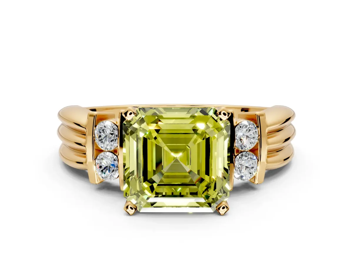 Solitaire Engagement Ring Setting for Fancy Yellow Asscher Cut Center with Grooved Bar Accent Band and Prong Head in Yellow Gold