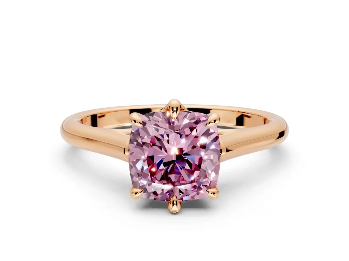 Solitaire Engagement Ring Setting for Fancy Pink Cushion Cut Center with Cathedral Band and Prong Head in Rose Gold
