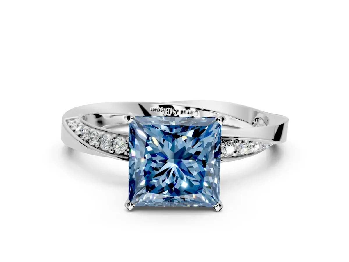 Side Accent Engagement Ring Setting for Fancy Blue Princess Cut Center with Accent Shoulders and Prong Head in Platinum