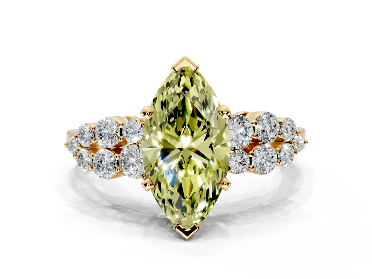 Cluster Engagement Ring Setting for Fancy Yellow Marquise Center with 2-Row Shoulder Clusters and Prong Head in Yellow Gold