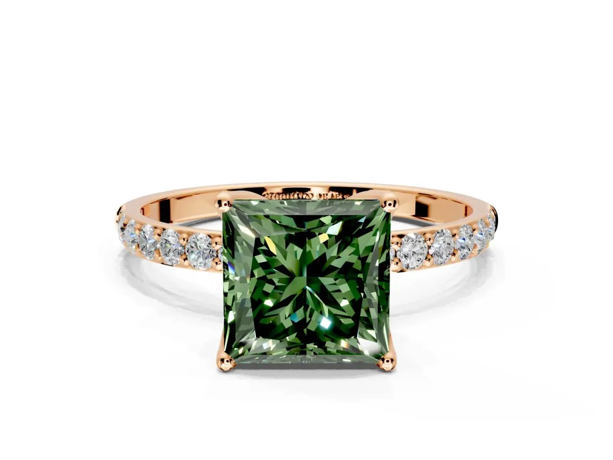 Solitaire Engagement Ring Setting for Fancy Green Princess Cut Center with Fine Pave Accents and Prong Head in Rose Gold