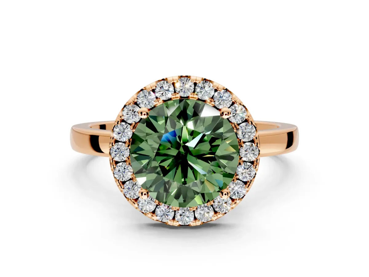 Halo Engagement Ring Setting for Fancy Green Round Cut Center with Thin Plain Band and Prong Head in Rose Gold