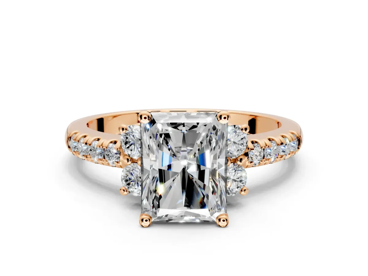 Paired Accent Engagement Ring Setting for Radiant Cut Center with Pave Band and Prong Head in Rose Gold