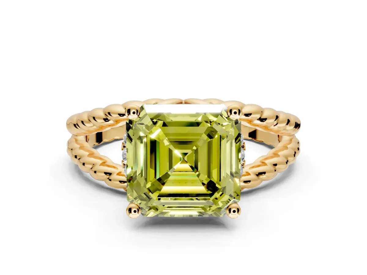 Halo Engagement Ring Setting for Fancy Yellow Asscher Cut Center with Rope Twist Split Shank and Prong Head in Yellow Gold
