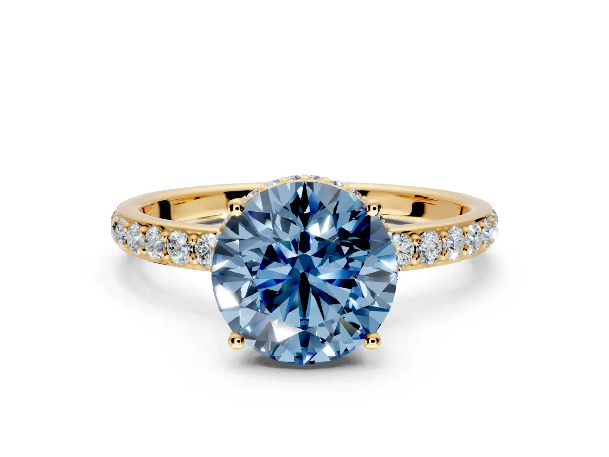 Hidden Halo Engagement Ring Setting for Fancy Blue Round Cut Center with Pave Band and Prong Head in Yellow Gold