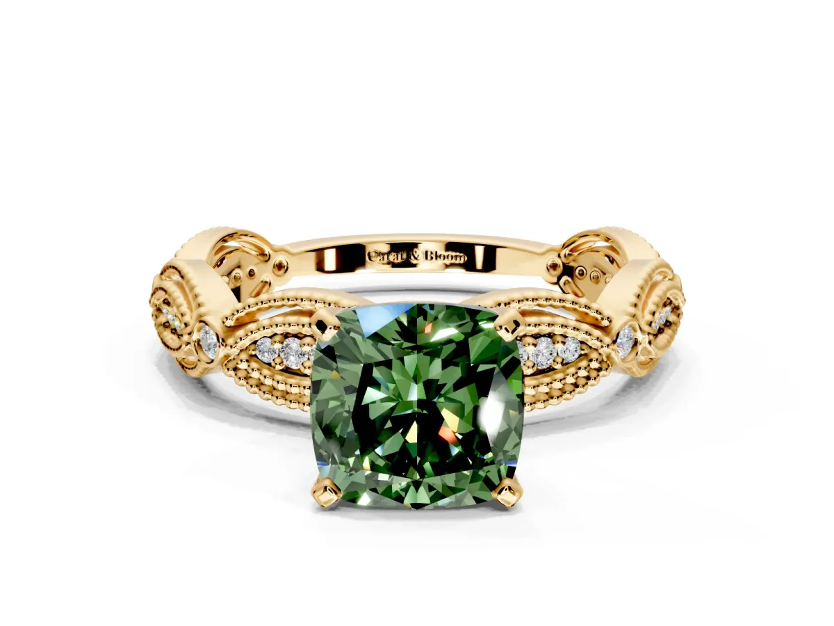 Solitaire Engagement Ring Setting for Fancy Green Cushion Cut Center with Marquise Panel Band and Prong Head in Yellow Gold