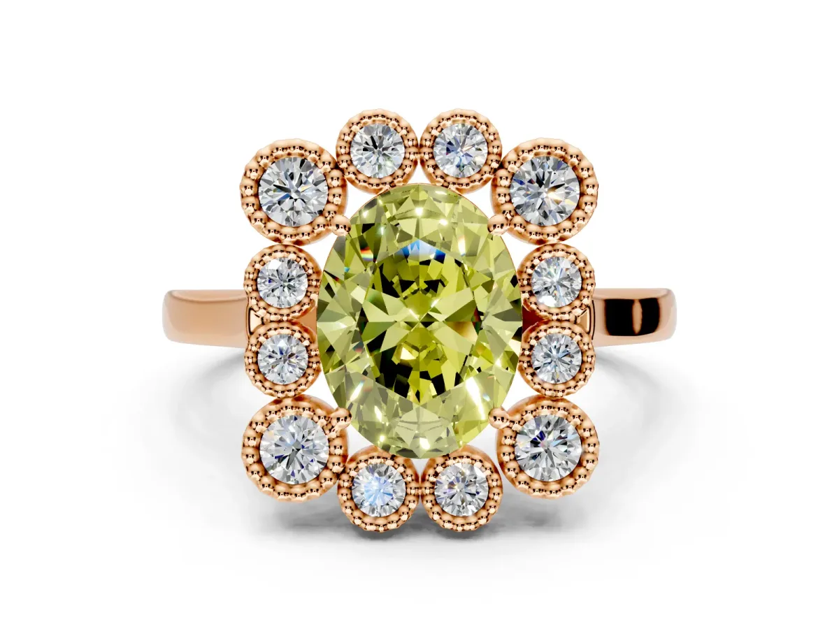 Cluster Halo Engagement Ring Setting for Fancy Yellow Oval Center with Milgrain Bezel Accents and Prong Head in Rose Gold