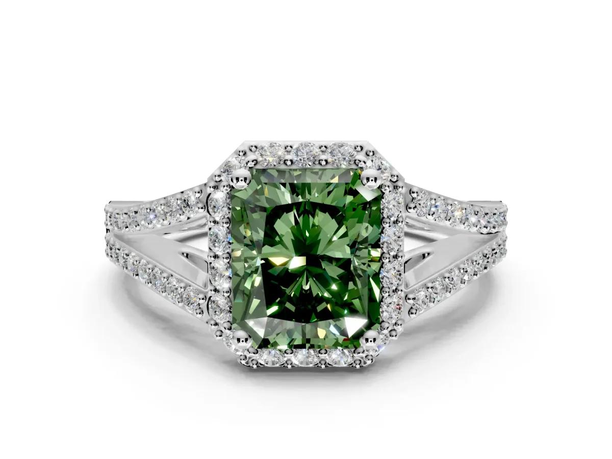 Halo Engagement Ring Setting for Fancy Green Radiant Cut Center with Pave Split Shank and Prong Head in Platinum