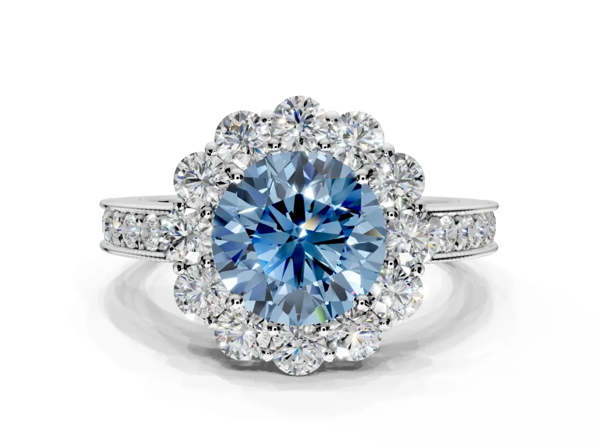 Halo Engagement Ring Setting for Fancy Blue Round Cut Center with Milgrain Channel Band and Prong Head in Platinum