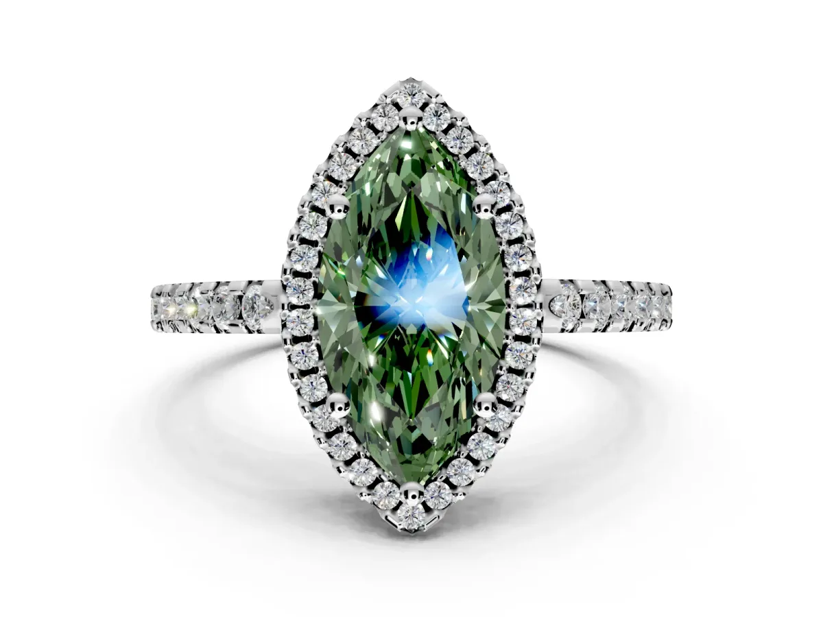 Accent Halo Engagement Ring Setting for Fancy Green Marquise Center with Full-Length Pave Band and Prong Head in White Gold
