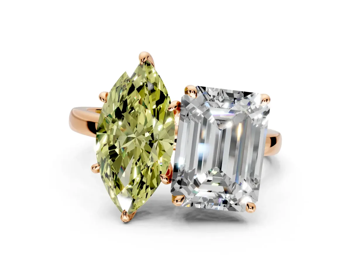 Fancy Yellow Marquise and Emerald Cut Lab-Grown Diamond Toi et Moi Engagement Ring with Prong-Set Stones in Rose Gold