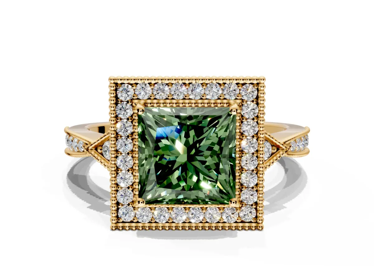Halo Engagement Ring Setting for Fancy Green Princess Cut Center with Milgrain Rim, Pave Band and Prong Head in Yellow Gold