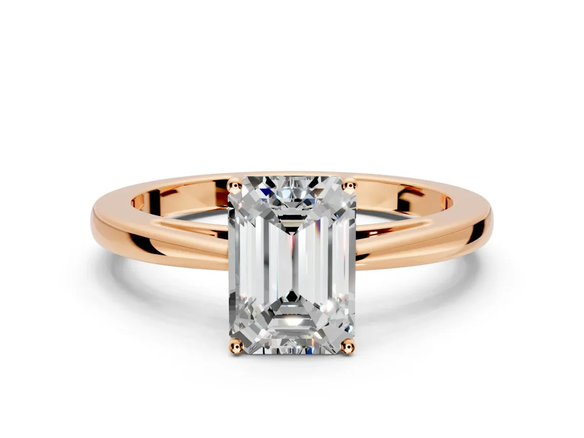 Solitaire Engagement Ring Setting for Emerald Cut Center with Open Cathedral Shoulders and Prong Head in Rose Gold