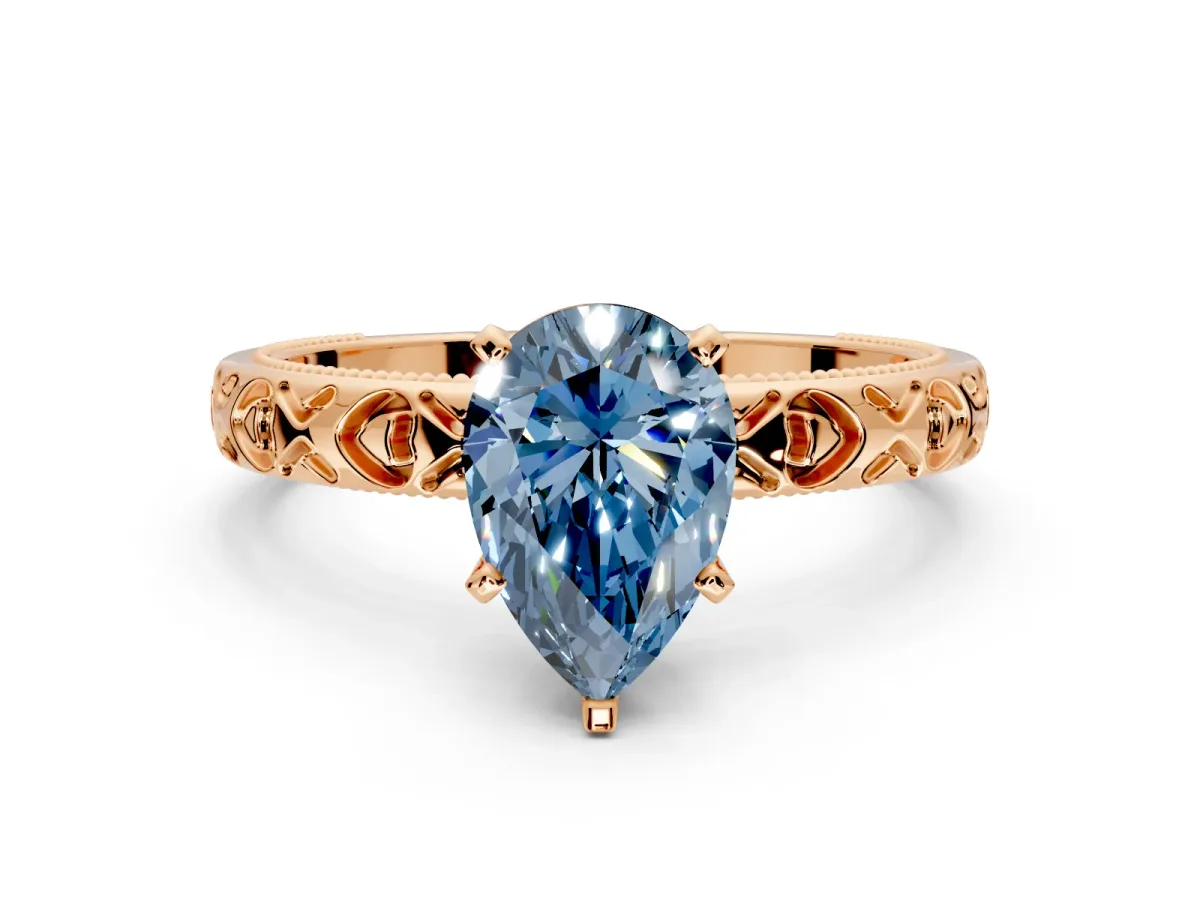 Solitaire Engagement Ring Setting for Fancy Blue Pear-Shaped Center with XO Engraved Band and Prong Head in Rose Gold