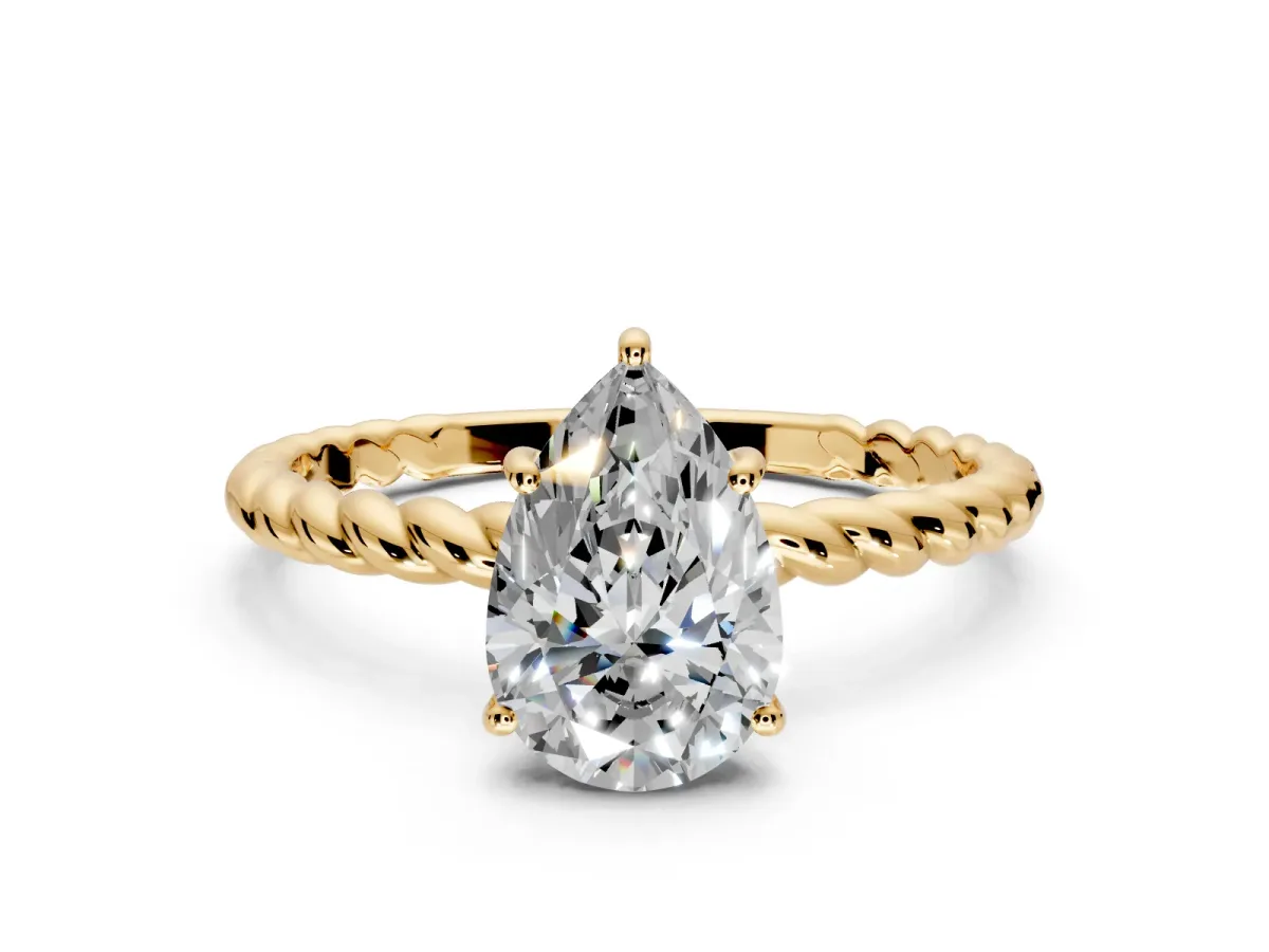 Solitaire Engagement Ring Setting for Pear-Shaped Center with Plain Twisted Rope Band and Prong Head in Yellow Gold