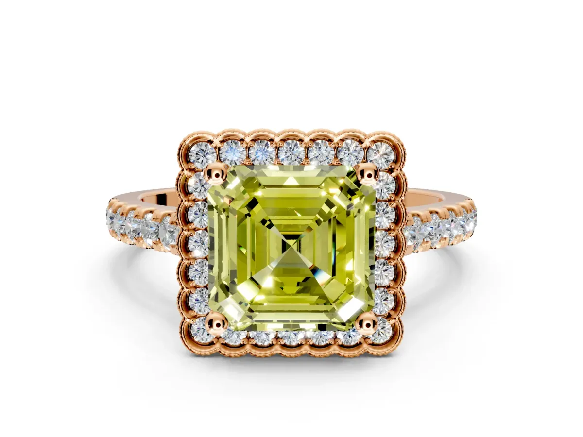 Milgrain Floral Halo Engagement Ring Setting for Fancy Yellow Asscher Cut Center with Pave Band and Prong Head in Rose Gold