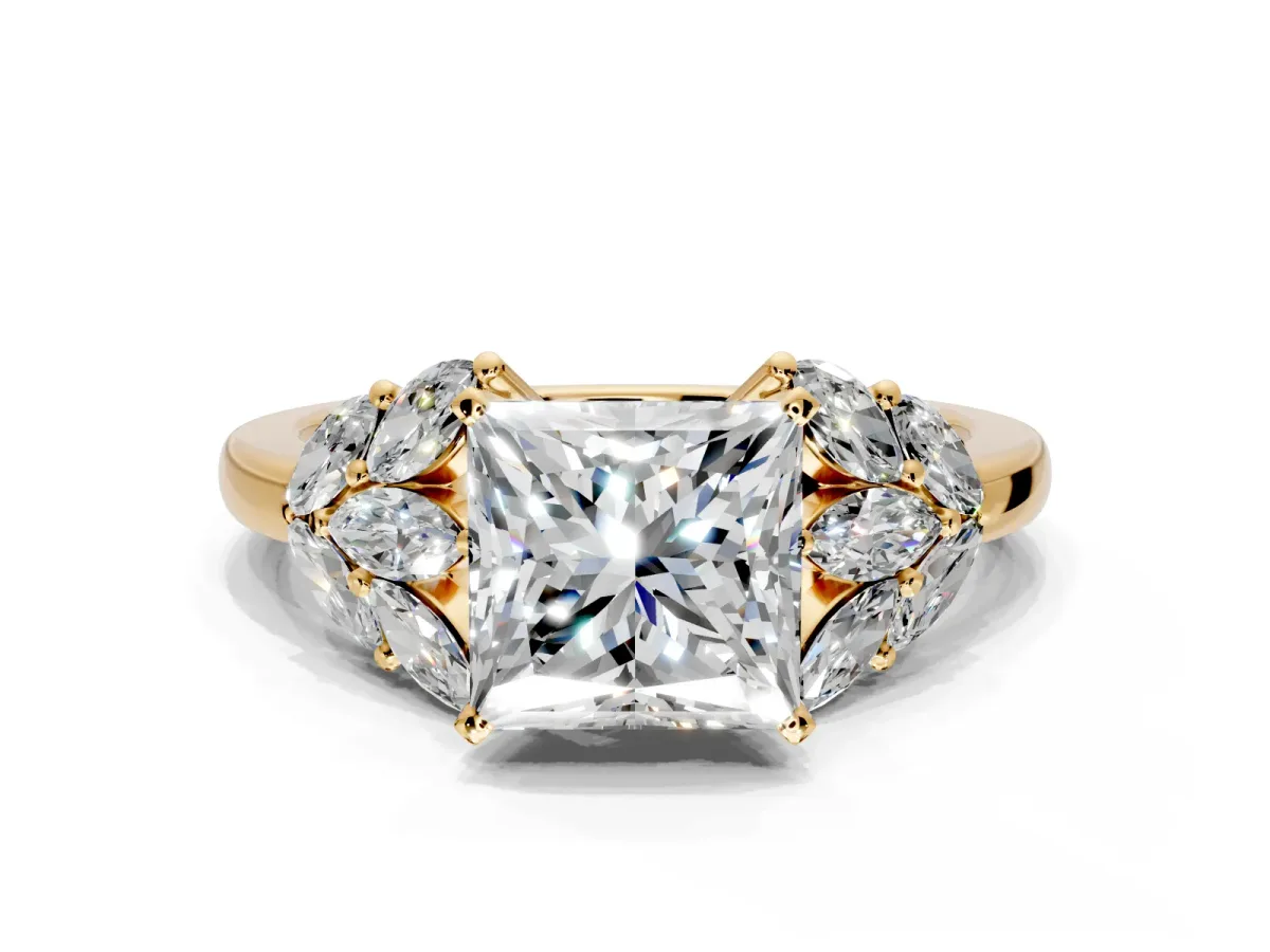 Leaf Cluster Engagement Ring Setting for Princess Cut Center with Marquise Accents and Prong Head in Yellow Gold