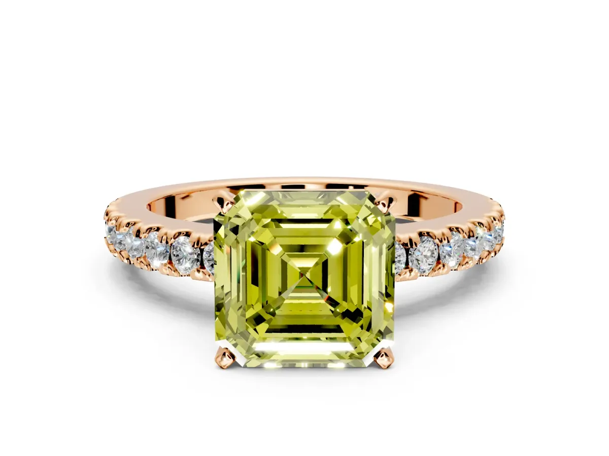 Solitaire Engagement Ring Setting for Fancy Yellow Asscher Cut Center with Single Row Accent Band and Prong Head in Rose Gold