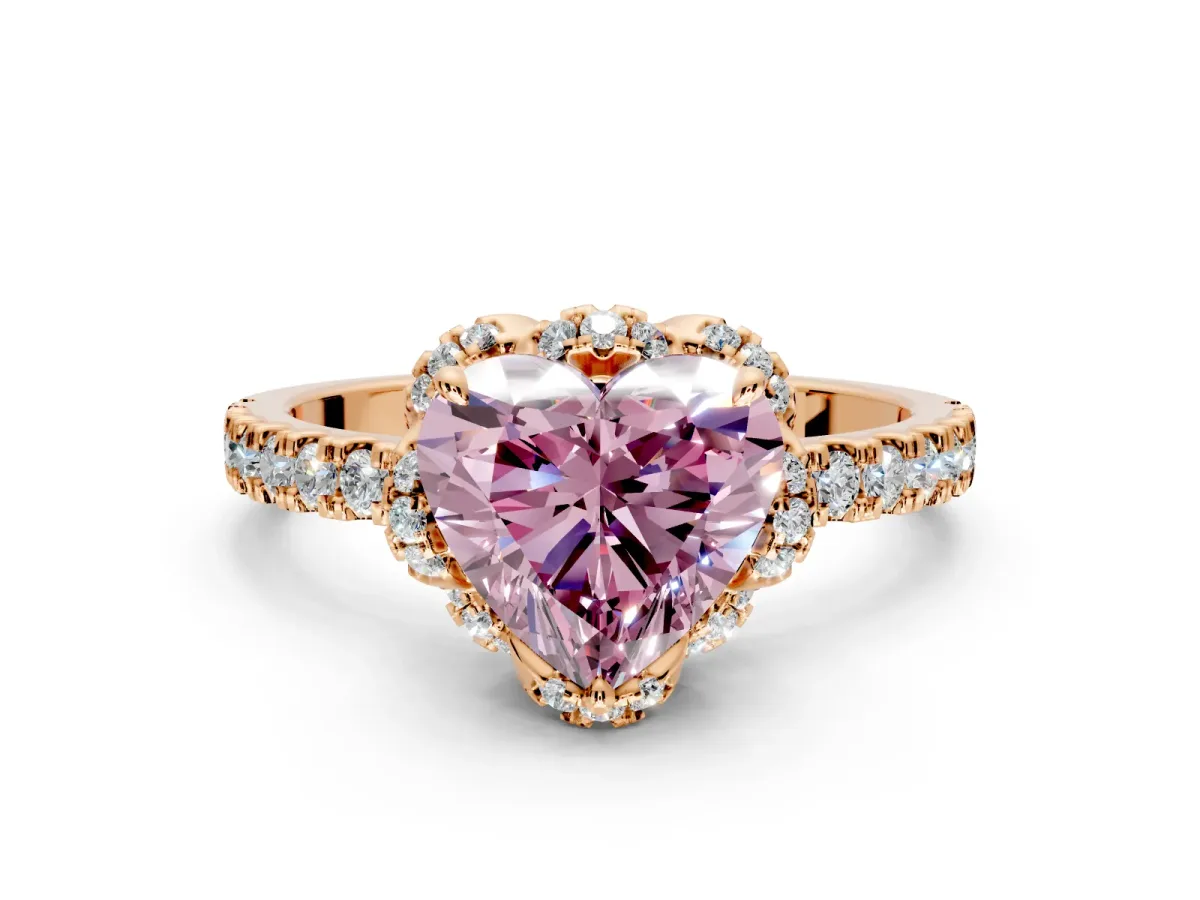 Halo Engagement Ring Setting for Fancy Pink Heart-Shaped Center with Openwork Halo, Pave Band and Prong Head in Rose Gold