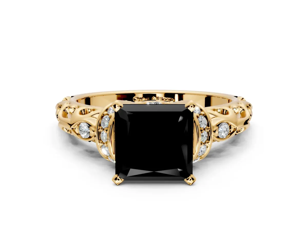 Solitaire Engagement Ring Setting for Fancy Black Princess Cut Center with Filigree Band and Prong Head in Yellow Gold