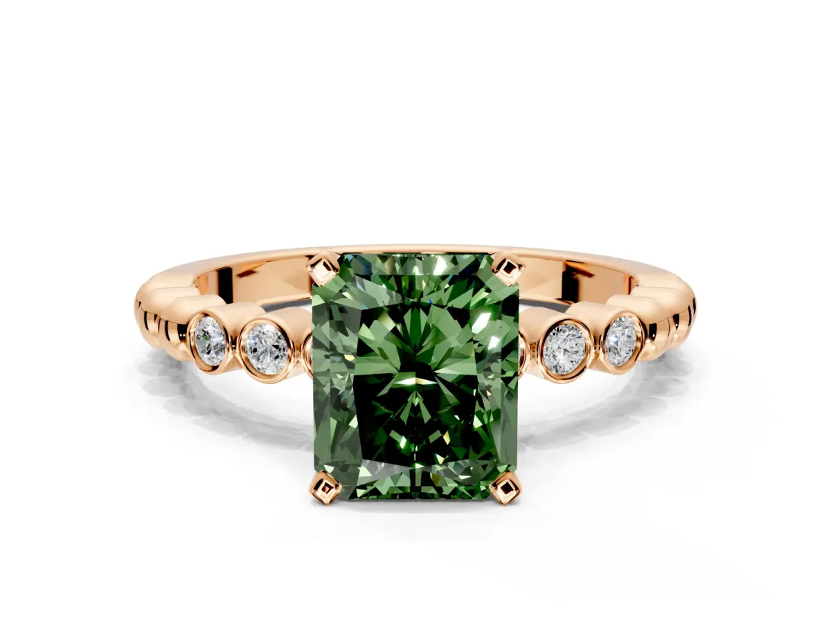 Solitaire Engagement Ring Setting for Fancy Green Radiant Cut Center with Bezel-Dot Beaded Band and Prong Head in Rose Gold