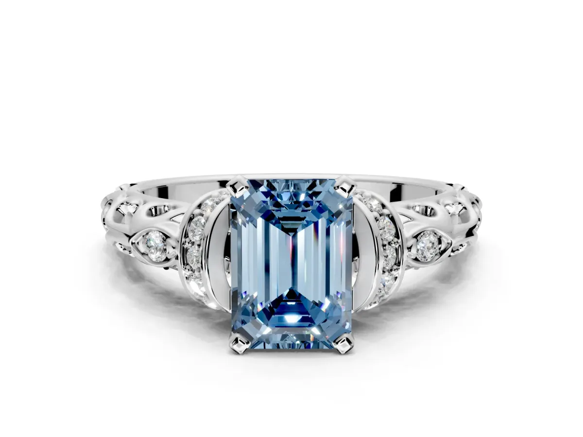 Solitaire Engagement Ring Setting for Fancy Blue Emerald Cut Center with Filigree Band and Prong Head in White Gold